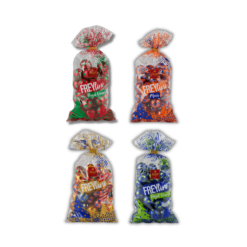 Quatre sachets de boules de chocolat assorties Frey Freylini 480 g sont représentés sur fond noir.