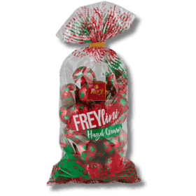 Eine Tüte Frey Freylini Assorted Chocolate Balls 480 g mit roten und grünen Schokoladenkugeln.