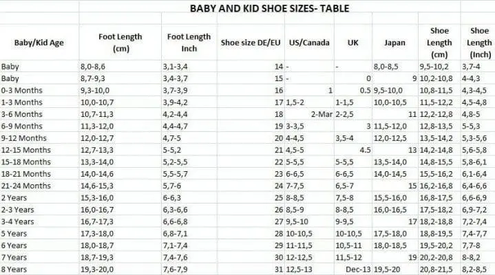 נעלי תינוק מעור כבש | וולבטן 1 Baby And Kid Shoe Sizes Table