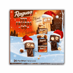 A box of Ragusa Christmas Chocolates 264 g with a Santa Claus on it.