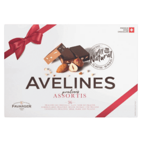 Box of 36 Avelines Pralines from Favarger, 360 g. Includes milk and dark chocolate with hazelnuts. Red ribbon and Swiss flag emblem.