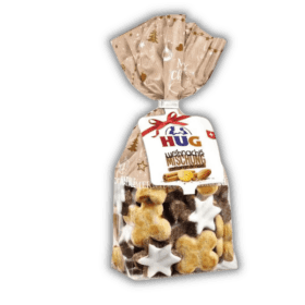 Een zak Hug Christmas Cookies met een ster erop, met Hug prestige assorti koekjes.