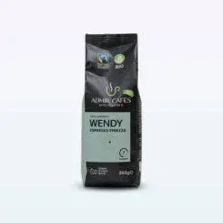 一袋白色背景的 Admir Cafe Bio Wendy 咖啡颗粒（250 克），展示了该品牌的有机咖啡品质。