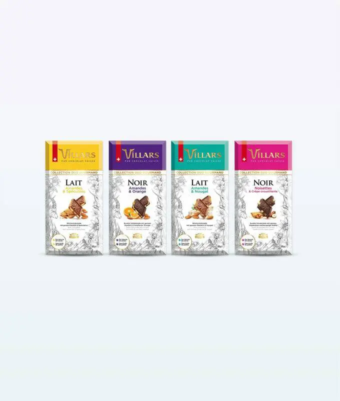 Cuatro cajas de bombones Villars Duo Gourmand surtidos, de 180 g cada una, presentadas en un limpio fondo blanco.