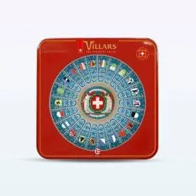 Swiss Villars Exclusive 200g Chocolate Gift numa caixa de lata vermelha decorativa.