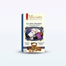 Un surtido de 250 g de mini bombones Villars en una caja etiquetada.