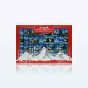 Cioccolatini assortiti Swiss Dream Napolitains, con immagini accattivanti delle montagne svizzere.
