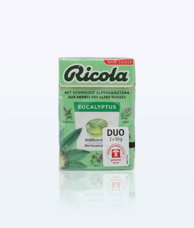 Sugar-free Ricola Eucalyptus Drops in 2 packs of 50g each for soothing refreshment