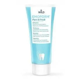 A tube of emoform tooth paste on a white background.