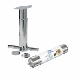 A stainless steel rolling pin and a roll of dough.