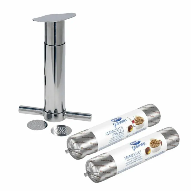 A Hand Vermicelli Press And Puree with two rolls and a rolling pin.