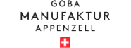Logo minimaliste de la société Goba Manufaktur Appenzell, avec une feuille verte vibrante indiquant son souci de l'environnement.