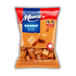 Swiss Made Direct Shop 42 A Munz Extra Soft Caramel Bag 200 g on a black background.