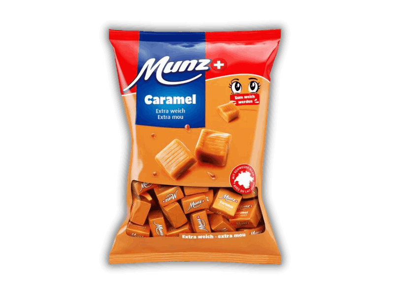 Munz Extra Soft Caramel Bag 200 g 1 A Munz Extra Soft Caramel Bag 200 g on a black background.