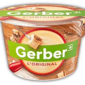 Une tasse de Fondue Ready To Eat 200 g I Gerber sur fond noir.