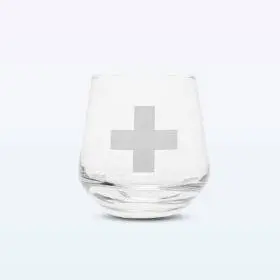 A Swiss Cross Glass 320 ml I Lakeside Valley Distillery with a silver cross on it.