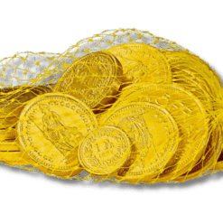 Frey Chocolate Coins in a mesh bag on a black background.