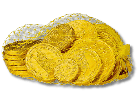 عملات شوكولاتة فراي في كيس شبكي على خلفية سوداء.