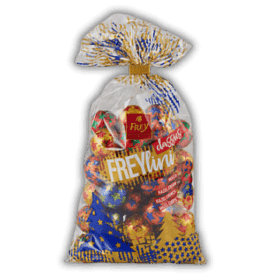 Eine Tüte mit Süßigkeiten in den Farben Rot, Weiß und Blau.