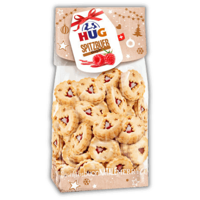 Hug Spitzbueb Biscuits 1 A bag of cookies with cranberries on it.