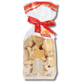 A bag of gingerbread cookies with a red ribbon.