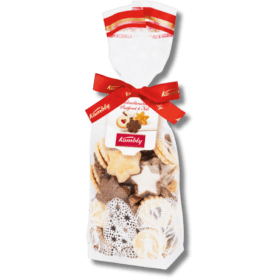 A bag of cookies with a red ribbon.