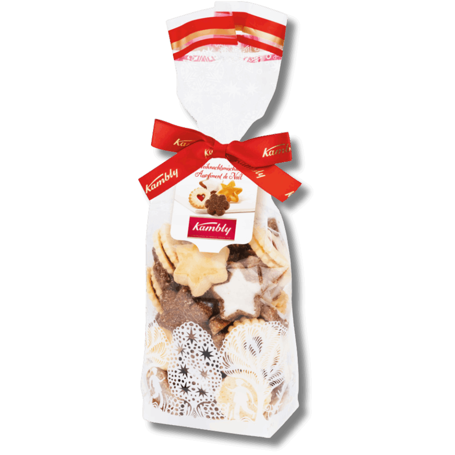 Kambly Christmas Cookies 4 A bag of cookies with a red ribbon.