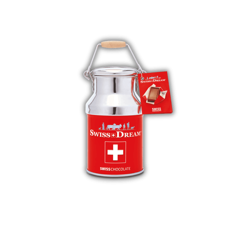 علبة حليب مع شوكولاتة نابوليتانز أنا سويس دريم، موضوعة على خلفية سوداء.