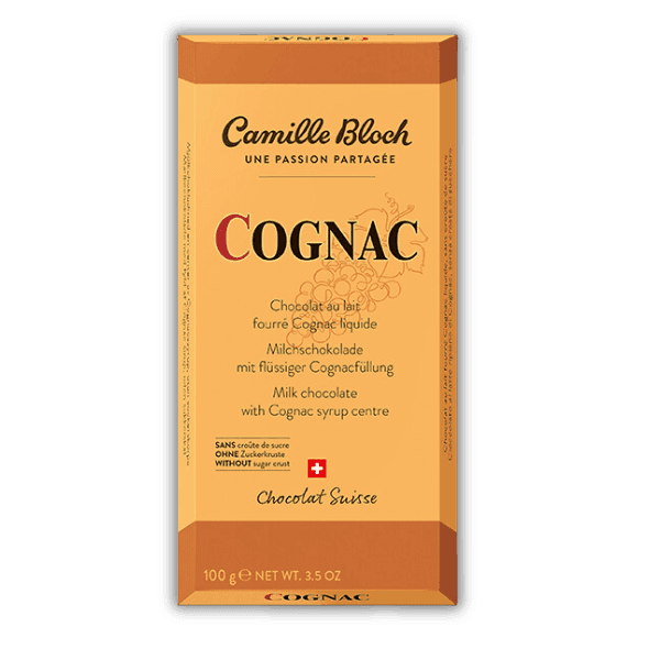 Une barre de chocolat Camille Bloch Cognac 100g avec le mot "cognac" dessus.