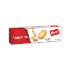 काले रंग की पृष्ठभूमि पर वर्नली अमांडाइन 80 ग्राम बिस्कुट का एक डिब्बा।