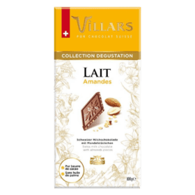 Deliciosa tableta de chocolate con leche suizo Villars con almendras crujientes, 100 g. Embalaje predominantemente blanco con una tentadora imagen de la tableta de chocolate y las almendras.
