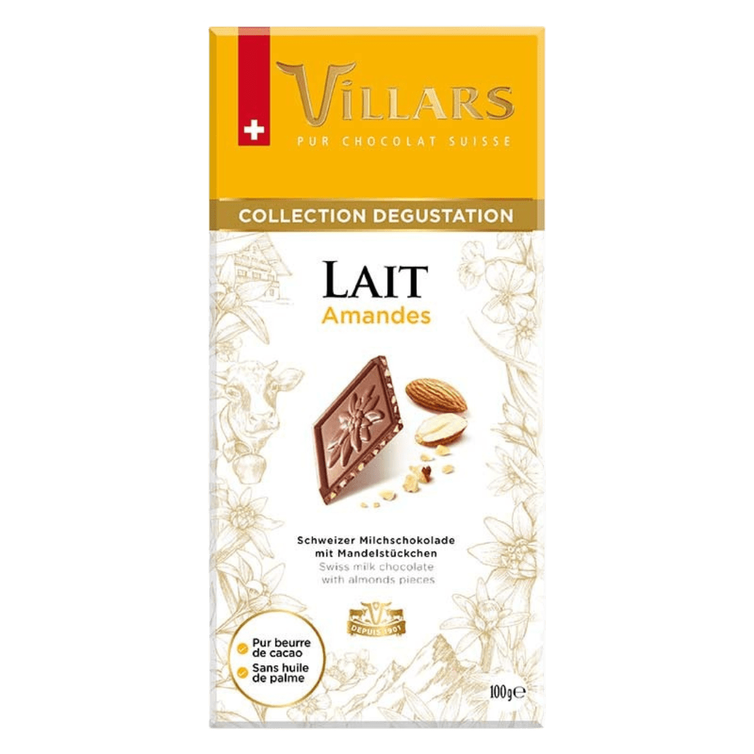 Villars Surtido Degustación Chocolates 100 g 5 Deliciosa tableta de chocolate con leche suizo Villars con almendras crujientes, 100 g. Embalaje predominantemente blanco con una tentadora imagen de la tableta de chocolate y las almendras.