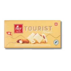 Satisfy sweet cravings with Frey Tourist White Chocolate, packed with Almonds, Hazelnuts and Raisins - a perfect treat for tourists.