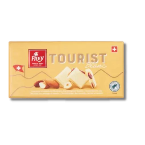 Stil zoete trekjes met Frey Tourist White Chocolate, boordevol amandelen, hazelnoten en rozijnen - een perfecte traktatie voor toeristen.