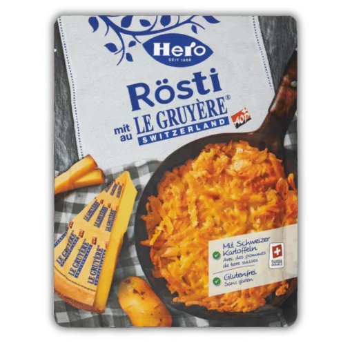 Gruyere Peynirli Hero Rosti, bu nefis patates rosti yemeğinin lezzetli lezzetini zenginleştiriyor.