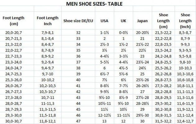 Men Shoes Size Table