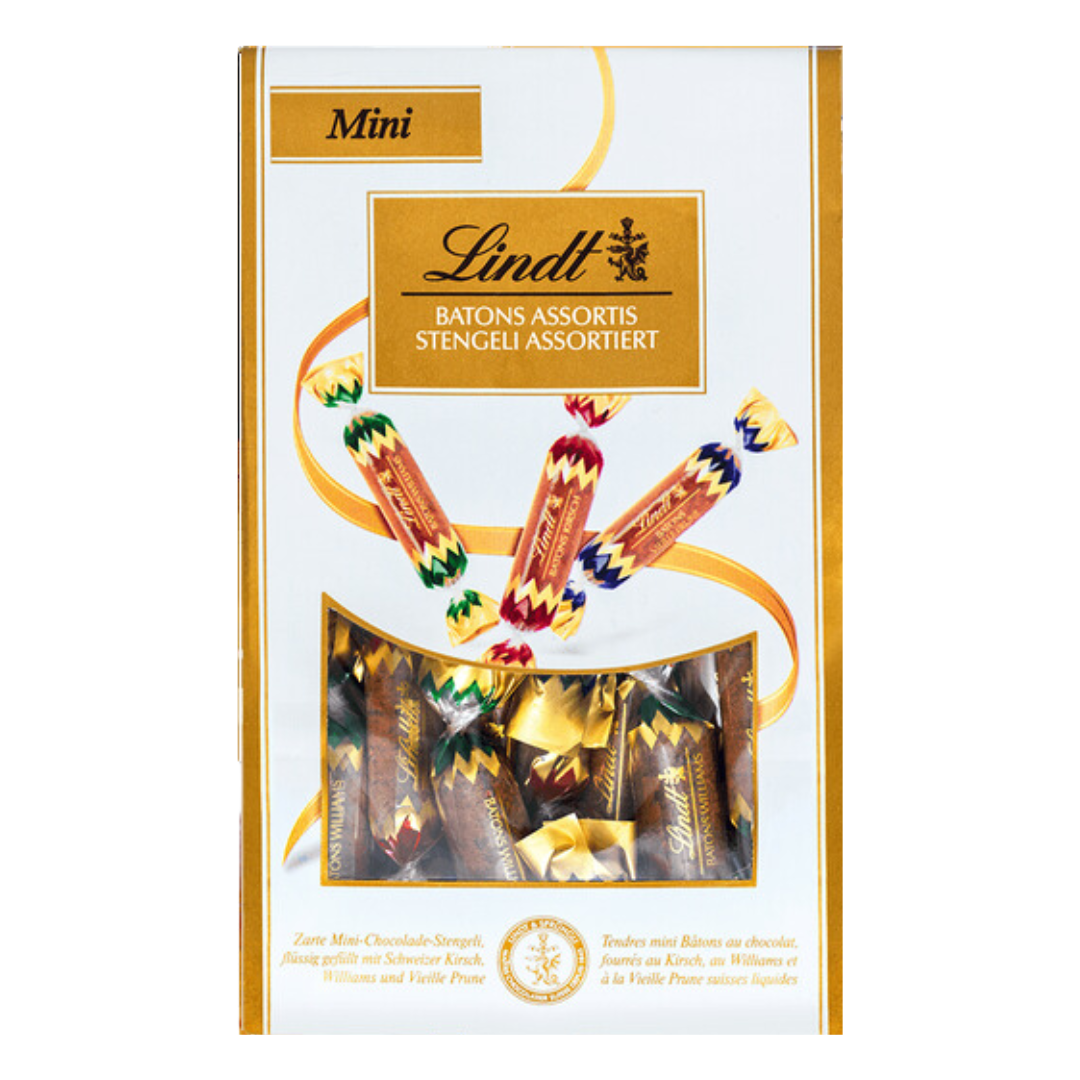 Assorted 120g Lindt Chocolate Sticks box with colorful candies displayed in a clear window.