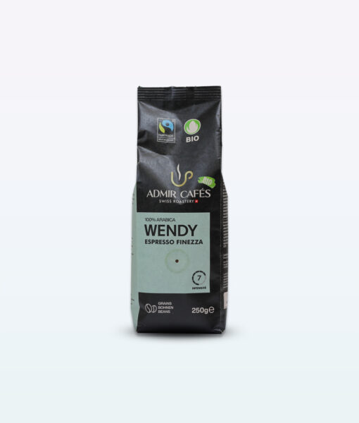 A bag of Admir Cafe's Bio Wendy Coffee Grains 250 g on a white background, showcasing the brand's organic and cafe-quality brew.