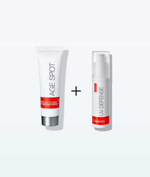 Swissforce Duo Hyperpigmentation Set med en balja med ansiktskräm och ögonkräm, som visas på en ren vit bakgrund.