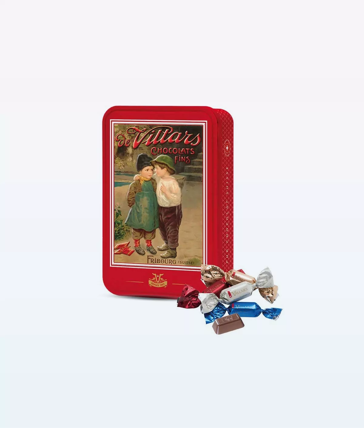 Red Villars Chocolate Box Les Enfants 250g tin, featuring child-themed imagery.