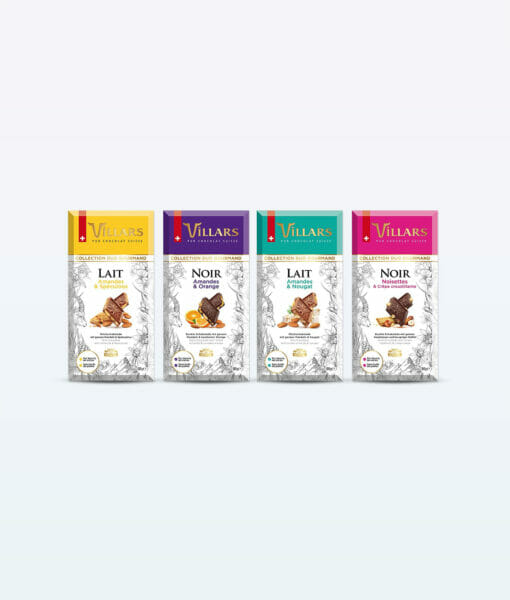 Keturios dėžutės įvairių Villars Duo Gourmand šokoladinių saldainių po 180 g, pateiktos švariame baltame fone.