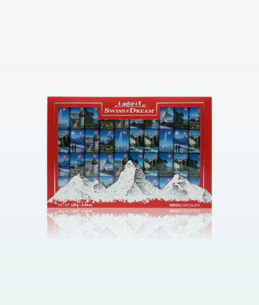 Swiss Dream Napolitains assorted chocolates, featuring captivating imagery of Swiss mountains.