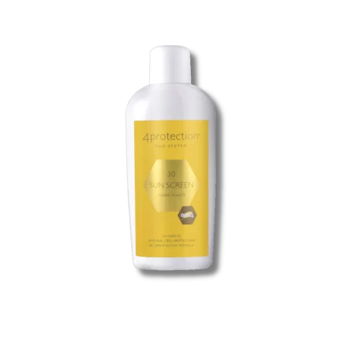 A bottle of 4Protection sun cream SPF 30 100 ml on a black background.