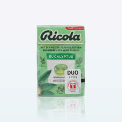 Sugar-free Ricola Eucalyptus Drops in 2 packs of 50g each for soothing refreshment