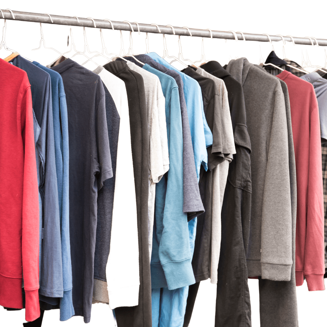 A rack of authentic Swiss-made t-shirts on a white background.