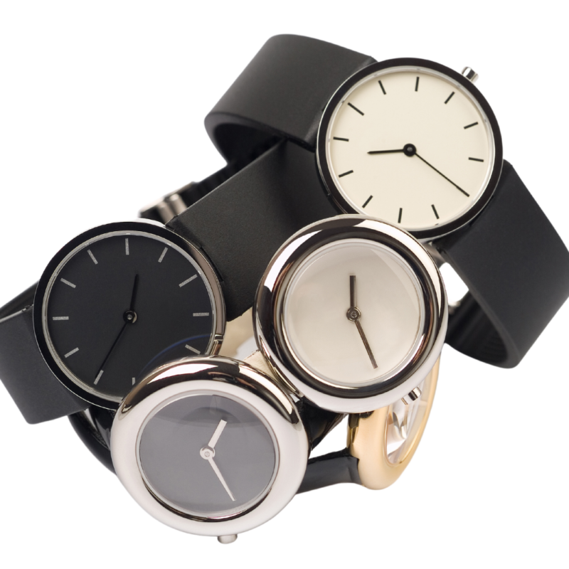 Three Swiss made watches on a white background.