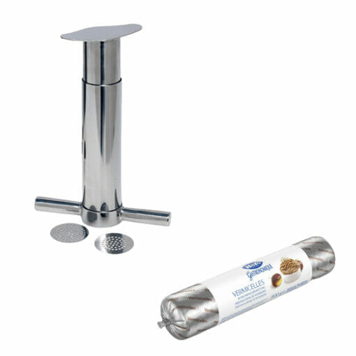A stainless steel stand with a roll of dough and a rolling pin.