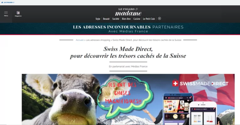 Titel des Artikels in Medias France, Madame Le Figaro über swissmade.direct, vom 17. Juli 2023