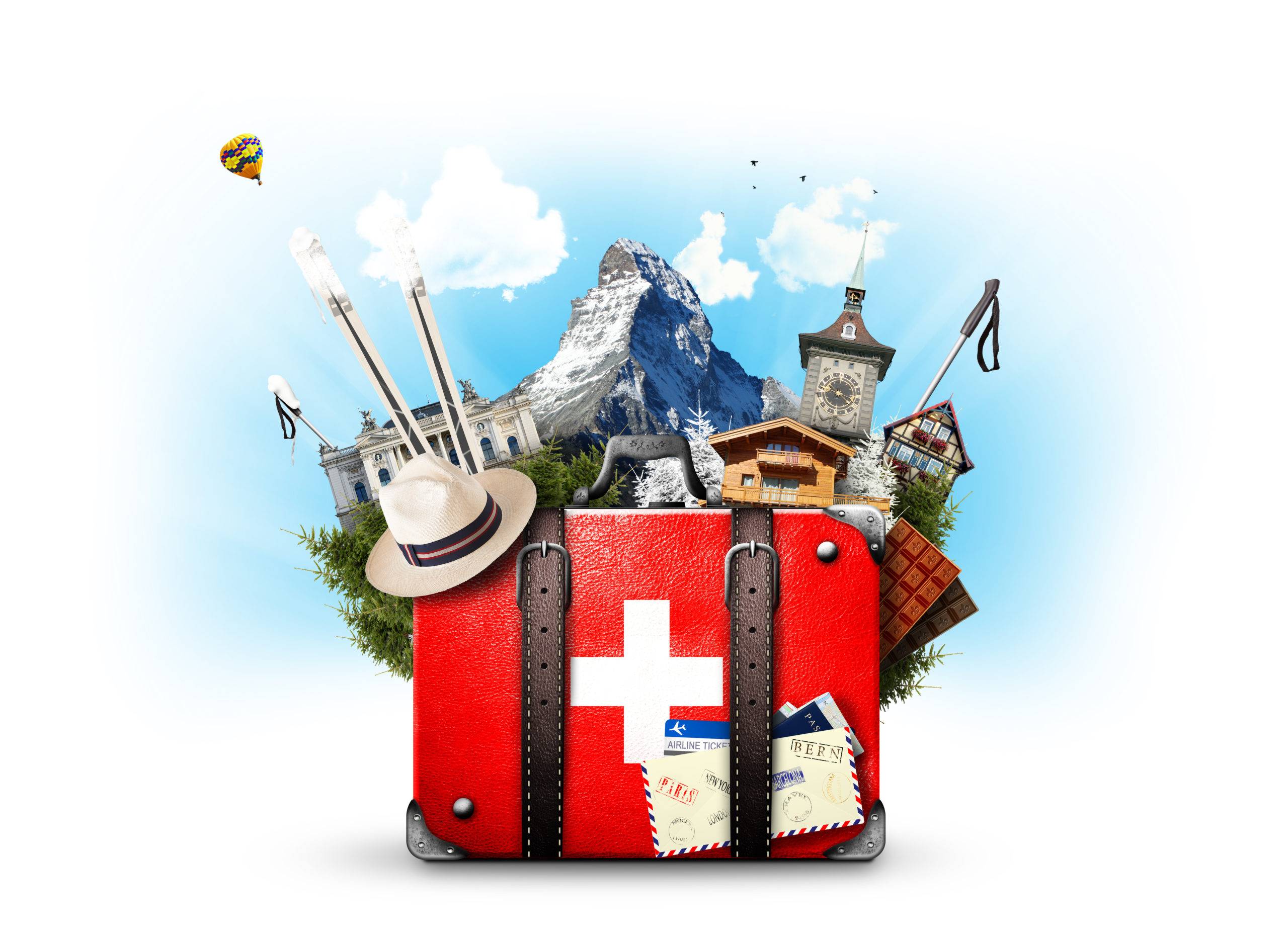 A vibrant red suitcase bearing a Swiss cross emblem.