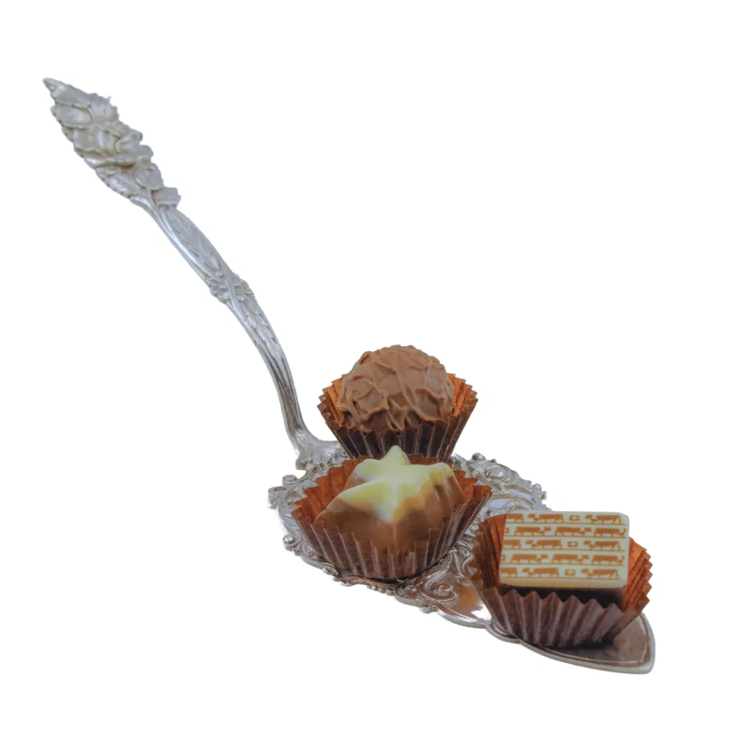 A silver spoon with a variety of authentic Swiss chocolates on it.